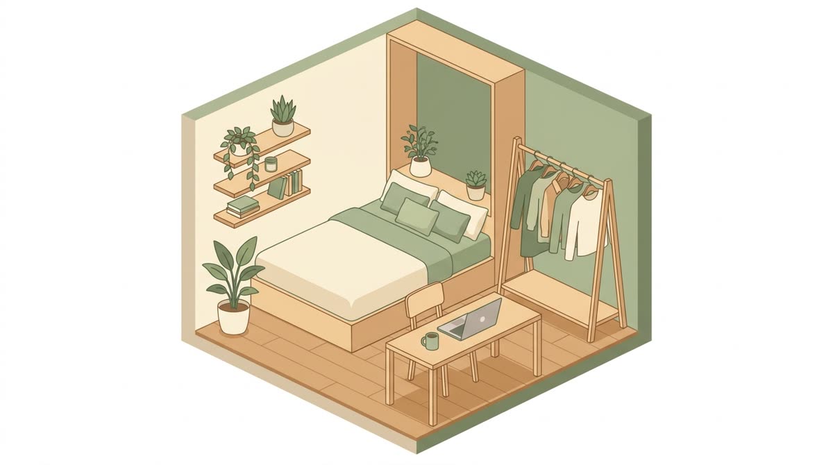 A small tidy bedroom with wall shelves, a desk, and a hanging rack