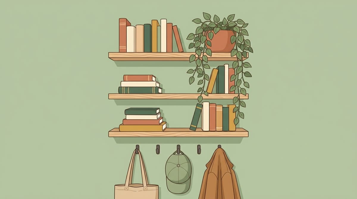 Wall shelves and hooks above a compact desk to use vertical space