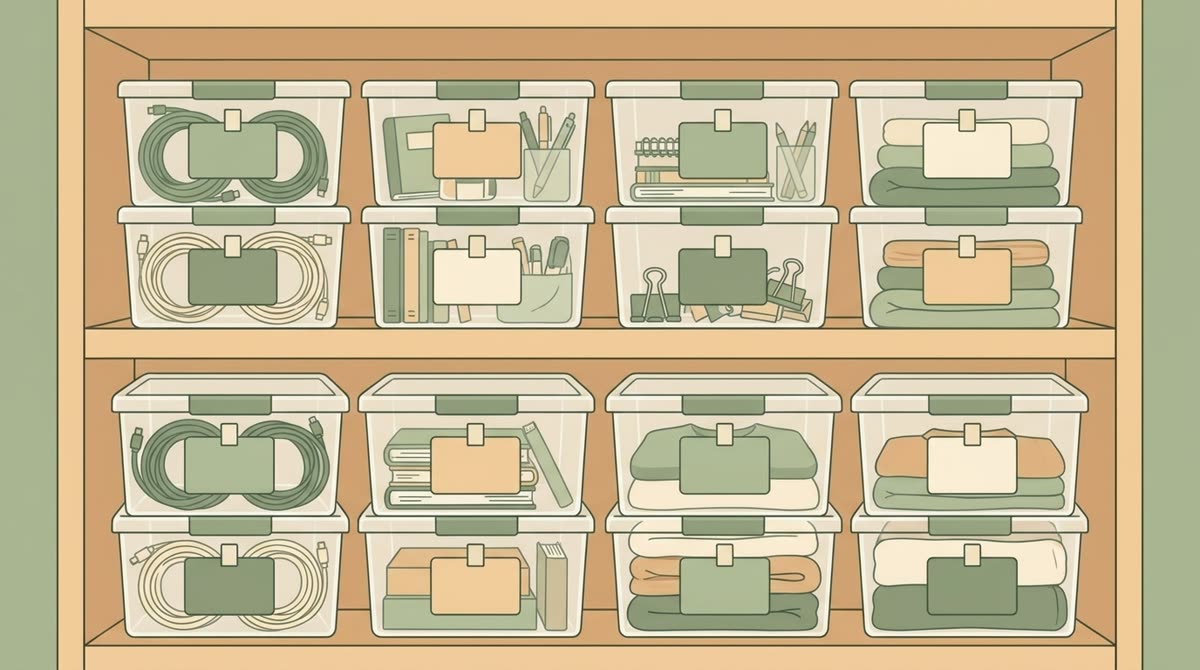 Clear storage boxes with blank labels stacked on a shelf