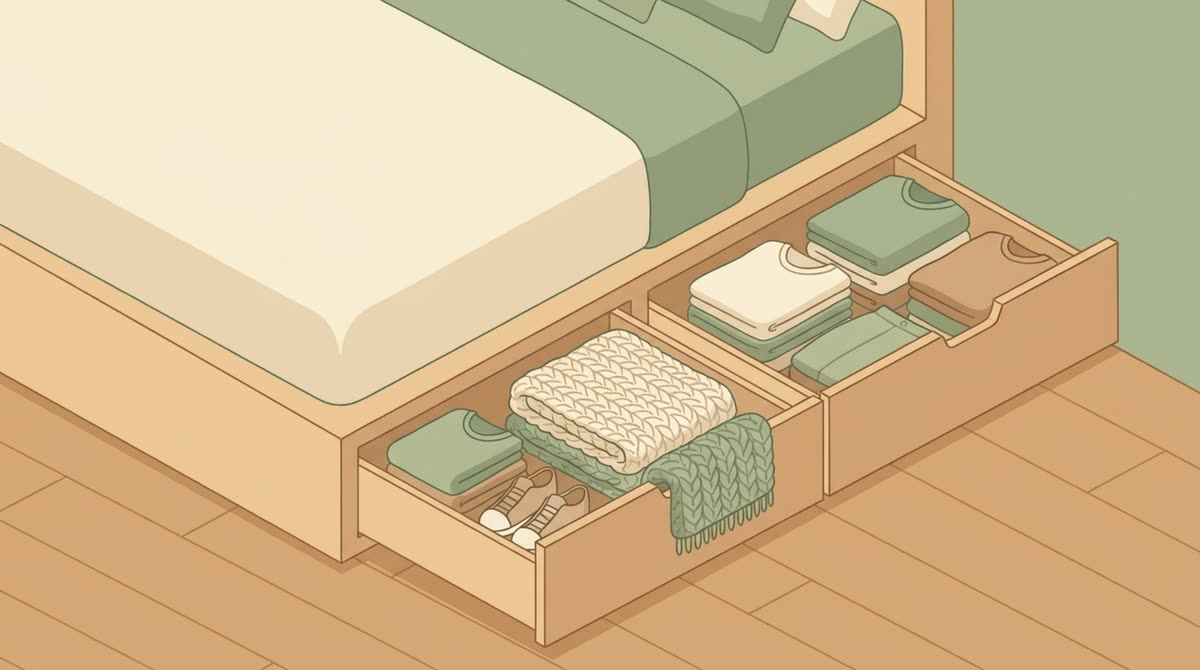 Under-bed storage drawers holding folded clothes and blankets