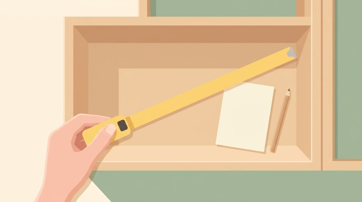 Measuring a shelf space with a tape measure before buying storage